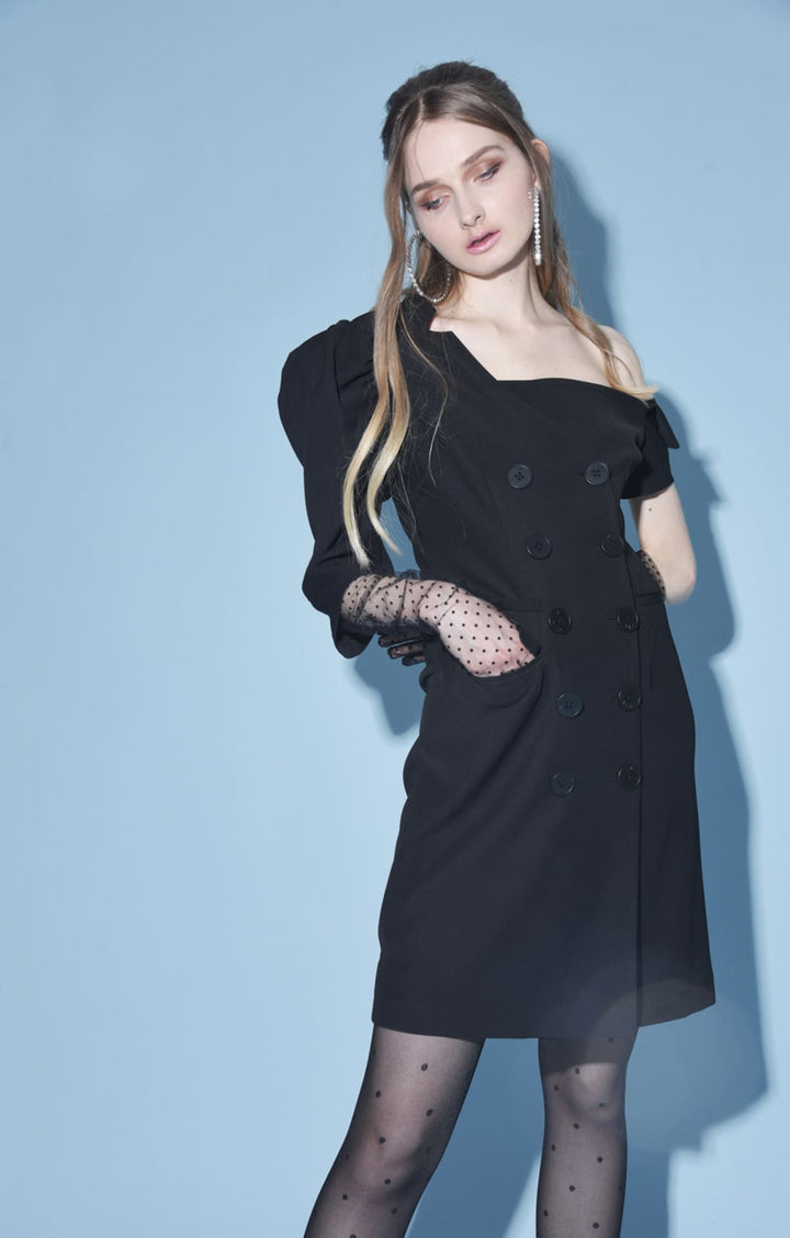 Black One Shoulder Double Breasted Suit Dress with Mutton Sleeves - By Quaint
