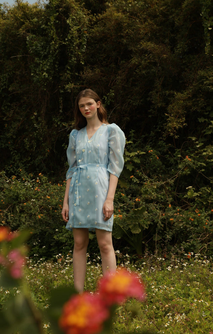 Blue Organza Dress with Small Daisy Pattern, Mutton Leg Sleeves, Tea-Length - By Quaint