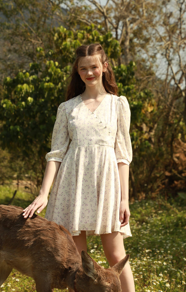 Small Floral V-neck Dress with Decorative Buttons - By Quaint