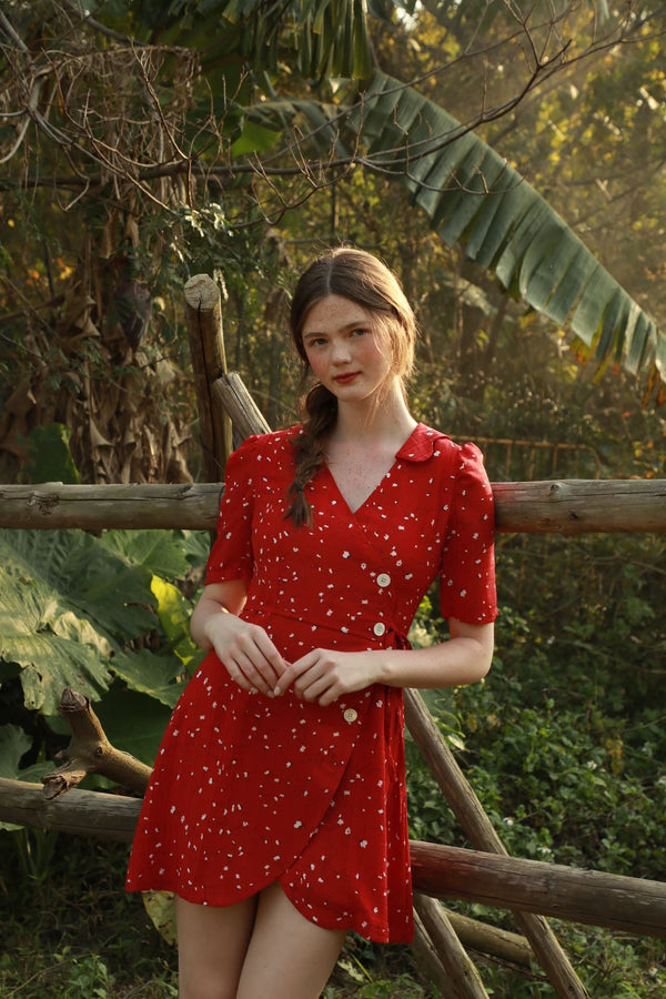 Red Special Collar Tea-length Dress - By Quaint