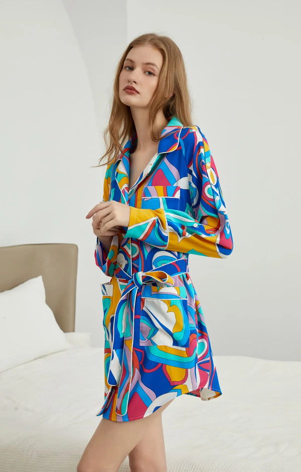 Briony - Blue Printed Arm Decor Pajama Dress