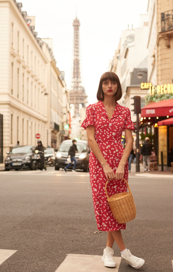 Small Floral Print, Teal Collar and Unique Sleeves, Knee-length Skirt - By Quaint