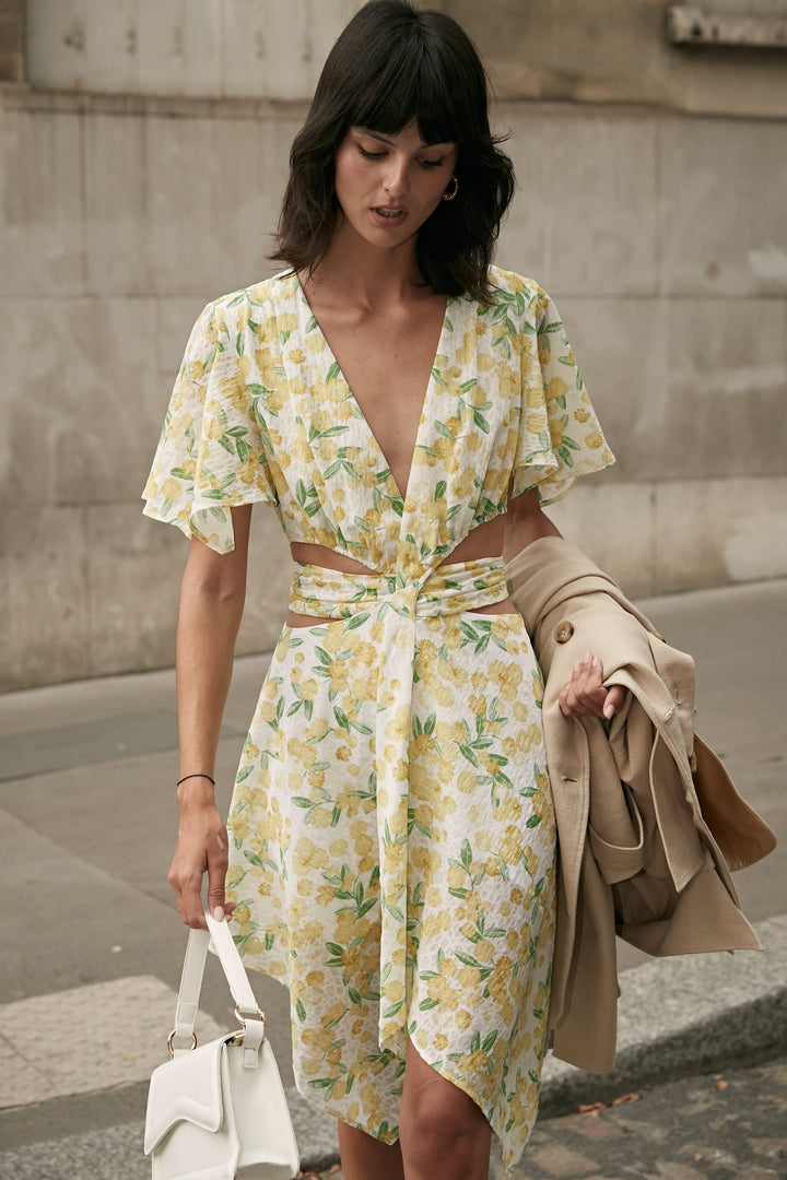 Yellow Crop Top and Short Skirt Set with Large Floral Print - By Quaint