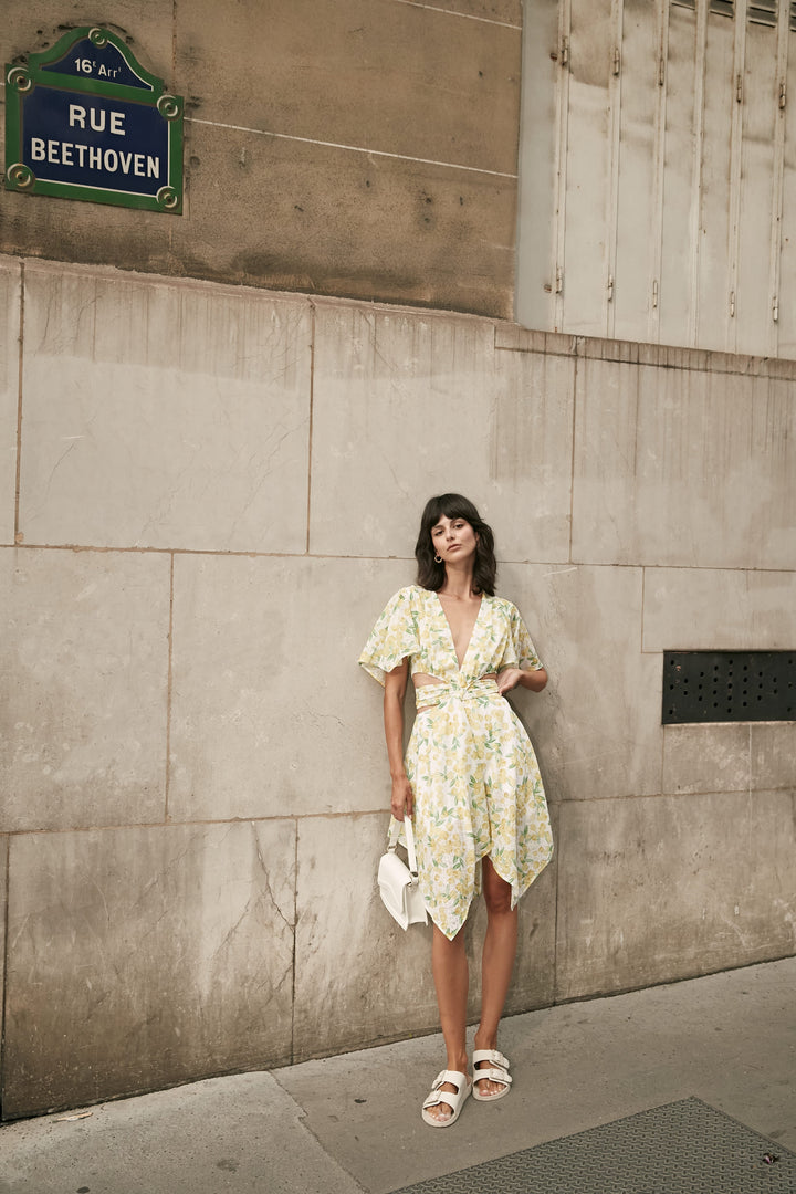 Yellow Crop Top and Short Skirt Set with Large Floral Print - By Quaint