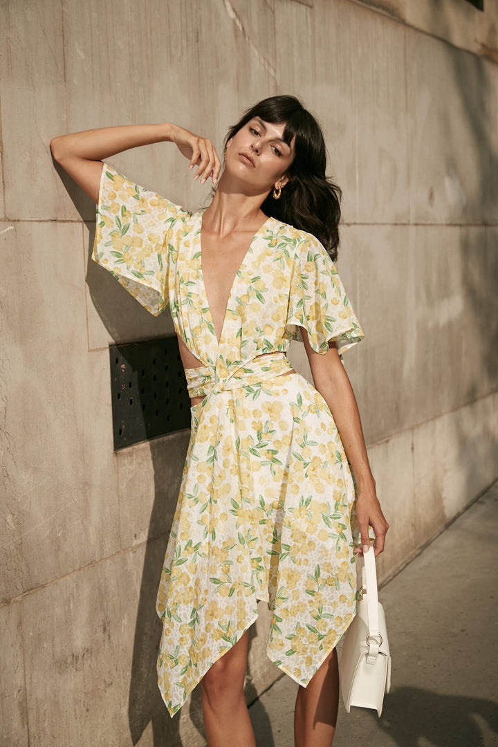 Yellow Crop Top and Short Skirt Set with Large Floral Print - By Quaint